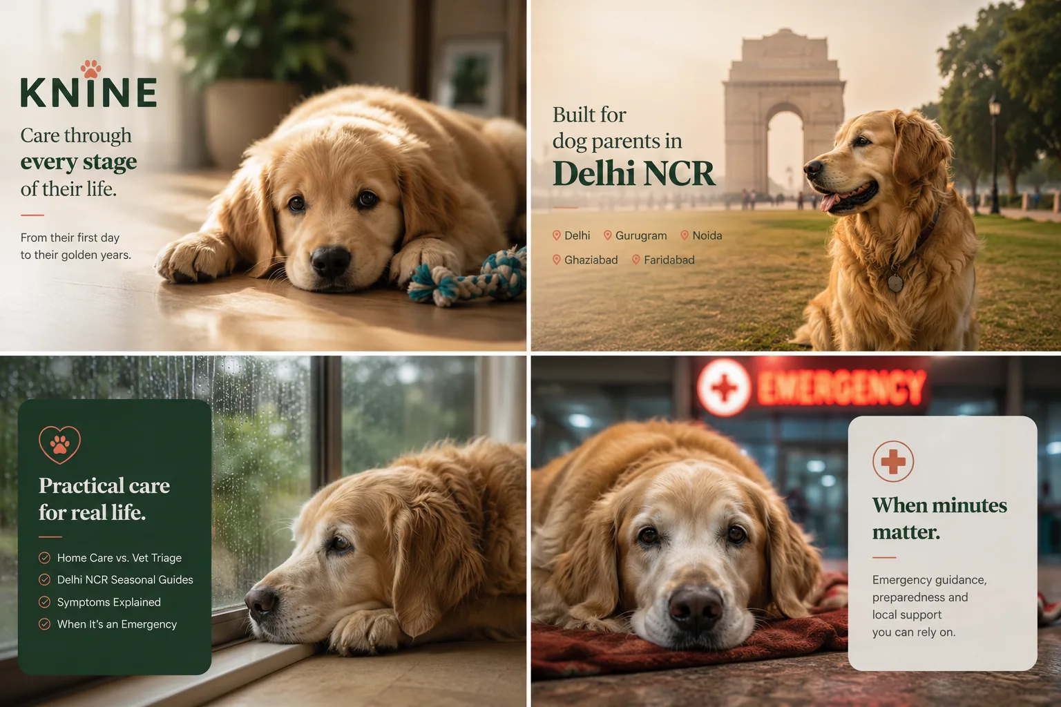Golden retrievers at different stages of life and care situations